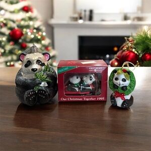 Old World Christmas Blown Glass Panda With Bamboo +2 other panda ornaments